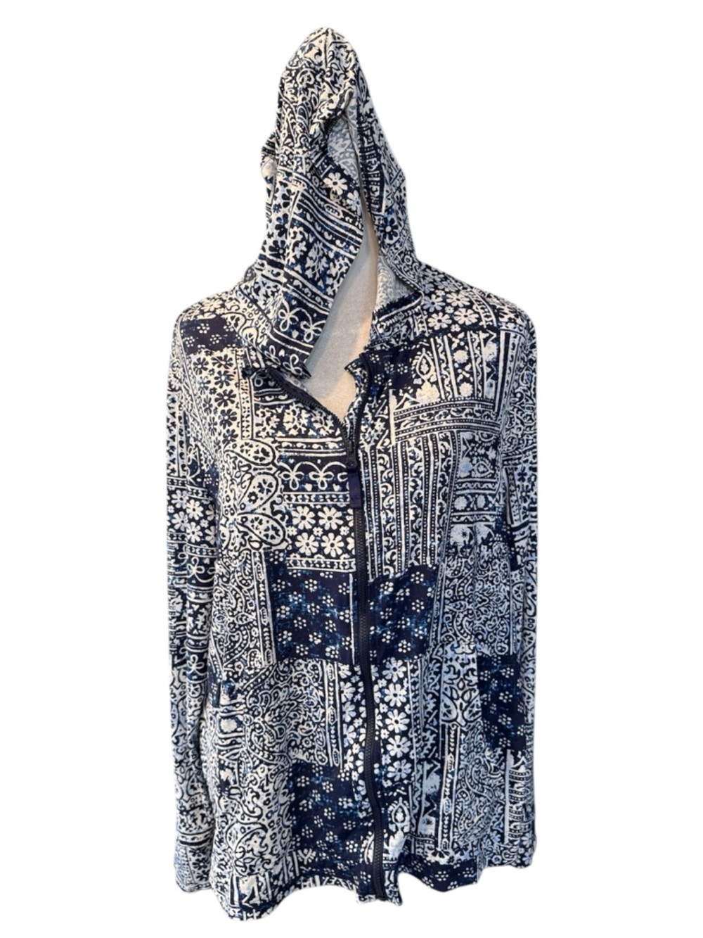 Lands' End Long Sleeve Hooded Swim Rash Guard Navy and White Patterned Size L
